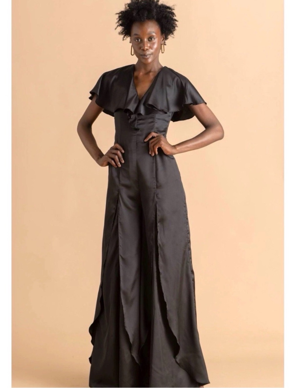 Andrea Iyamah Jumpsuit Black Wide Leg Ruffle Trim Size Small - Picture 4 of 11